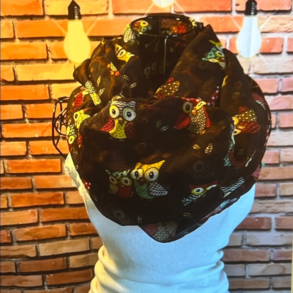 🧣 Unbranded — Owl Print Infinity Scarf — Black Multi — OS / D